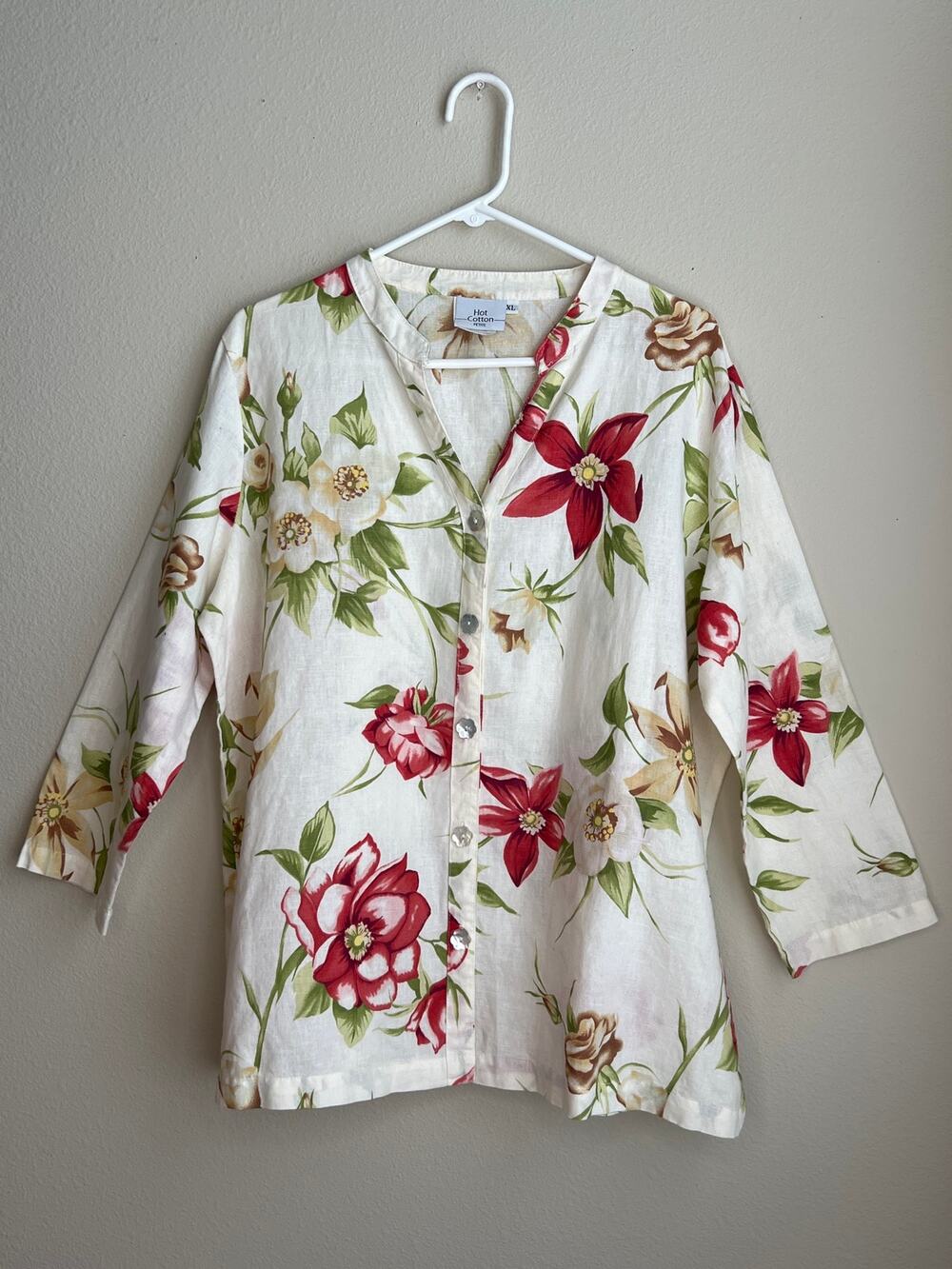 Hot Cotton Linen Blend Floral Button Front Blouse Women’s Size XL Petite Resort
